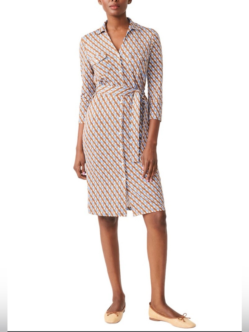 J. McLaughlin Brynn Belted Shirt Dress in Blue & Brown Pattern, size S